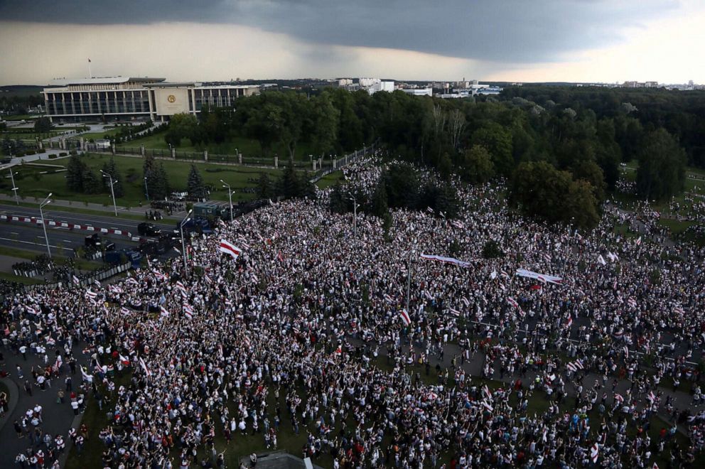 PHOTO: Opposition supporters take part in a rally against presidential election results near the Independence Palace in Minsk, Belarus, Aug. 30, 2020.
