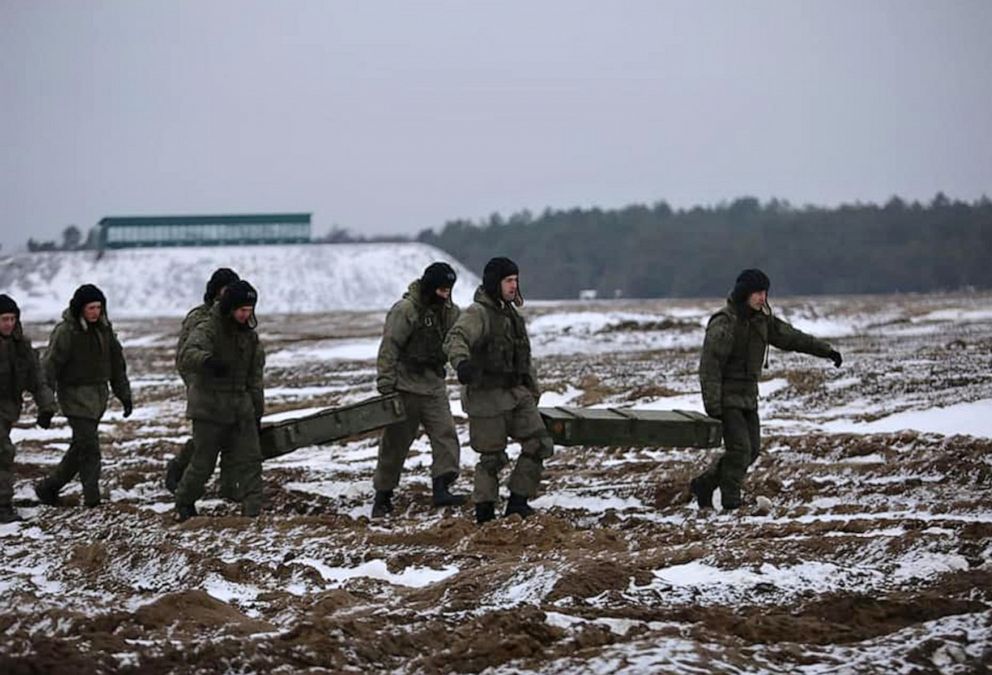 PHOTO: Contingents of Belarus and Russian troops continue their joint combat exercises in Brestsky, Belarus on Feb. 7, 2022.