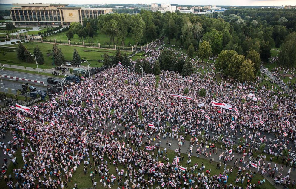 PHOTO: Opposition supporters rally to protest against disputed presidential elections results in Minsk, Belarus, Aug. 30, 2020.