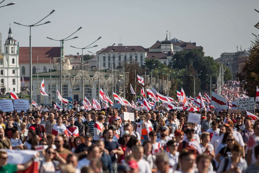 PHOTO: Opposition supporters rally to protest against disputed presidential elections results in Minsk, Belarus, Aug. 30, 2020.