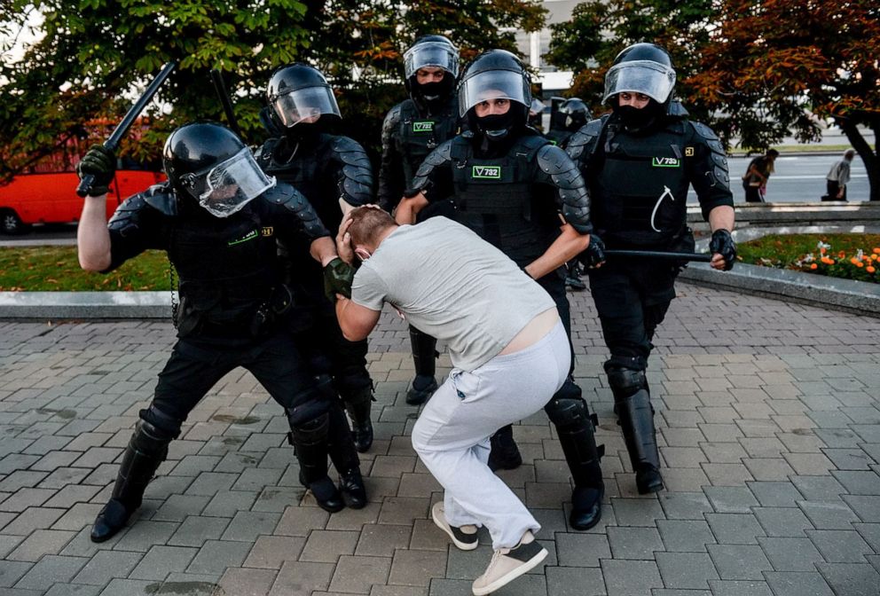 PHOTO: Police officers detain demonstrators during a protest the day after the presidential election in Minsk, Belarus, Aug. 10, 2020.