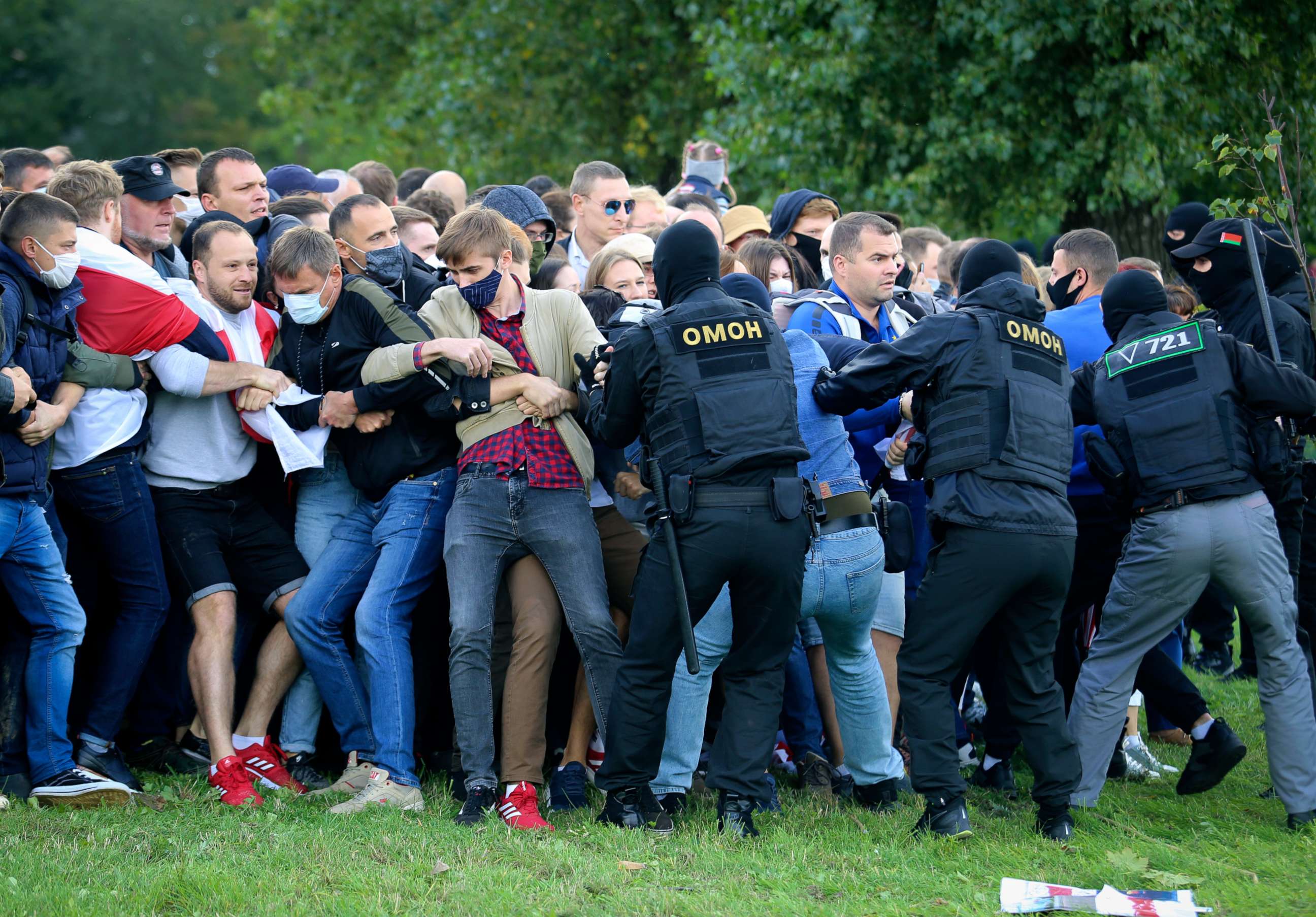 PHOTO: Police officers detain protesters during an opposition rally to protest the official presidential election results in Minsk, Belarus, Sept. 13, 2020.