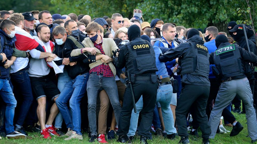 PHOTO: Police officers detain protesters during an opposition rally to protest the official presidential election results in Minsk, Belarus, Sept. 13, 2020.