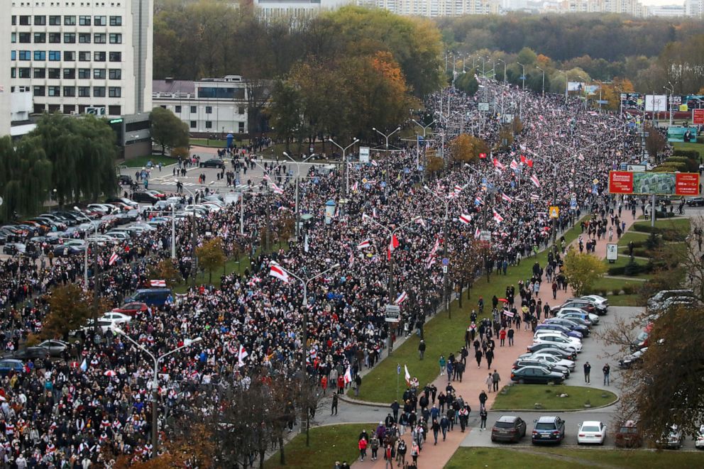 PHOTO: People attend an opposition rally to reject the Belarusian presidential election results in Minsk, Belarus, Oct. 25, 2020.