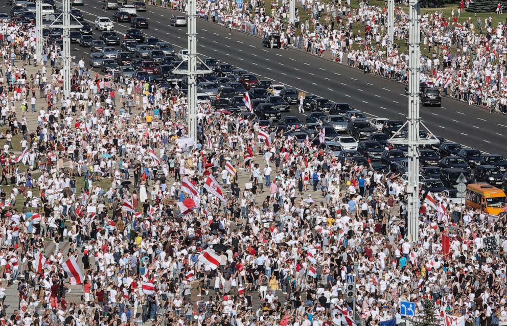 PHOTO: Thousands of demonstrators attend a rally in support of the Belarusian Opposition and against police brutality and the presidential election results, in Minsk, Belarus, Aug. 16, 2020.