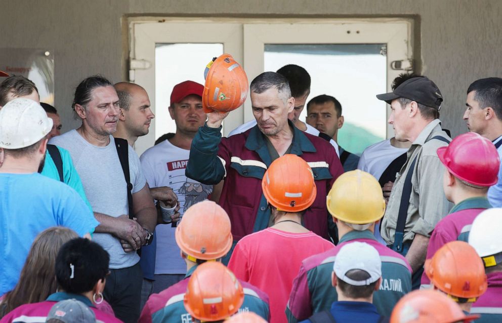 PHOTO: Workers at the Belaruskalij plant join other protesting workers on strike in Soligorsk City, Belarus, Aug. 17 2020.