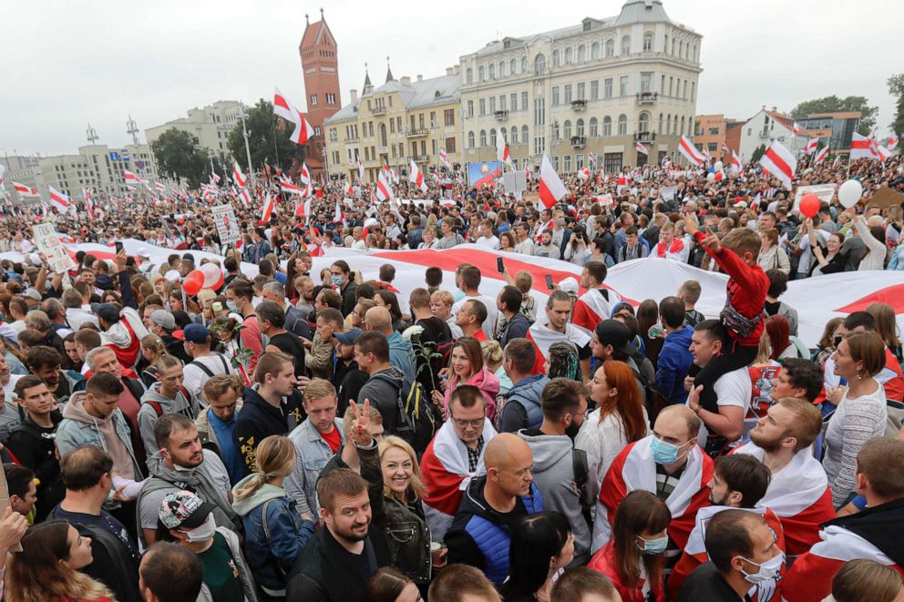 PHOTO: Demonstrators fill the streets of Minsk, Belarus, Sunday, Aug. 23, 2020. Demonstrators are taking to the streets, keeping up their push for the resignation of the nation's authoritarian leader, president Alexander Lukashenko.