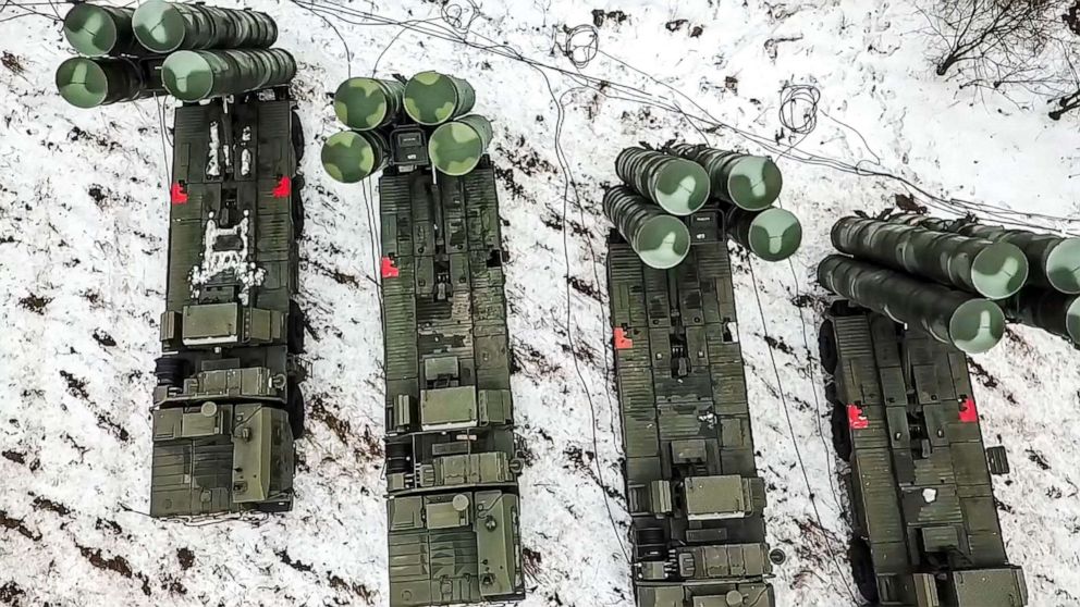 PHOTO: This handout video grab released by the Russian Defense Ministry on Feb. 9, 2022 shows combat crews of the S-400 air defense system taking up combat duty during joint exercises in Belarus.