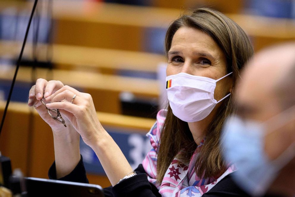 PHOTO: Belgian Foreign Minister Sophie Wilmes is seen during a plenary session of Belgium's federal chamber, held at the European Parliament in Brussels, on Oct. 2, 2020.