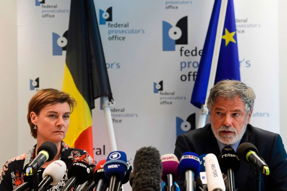 PHOTO: Belgian Federal magistrates Wenke Roggen (L) and Eric Van der Sypt (R) speak during a press conference on May 29's  shooting in Liege, in Brussels, May 30, 2018.