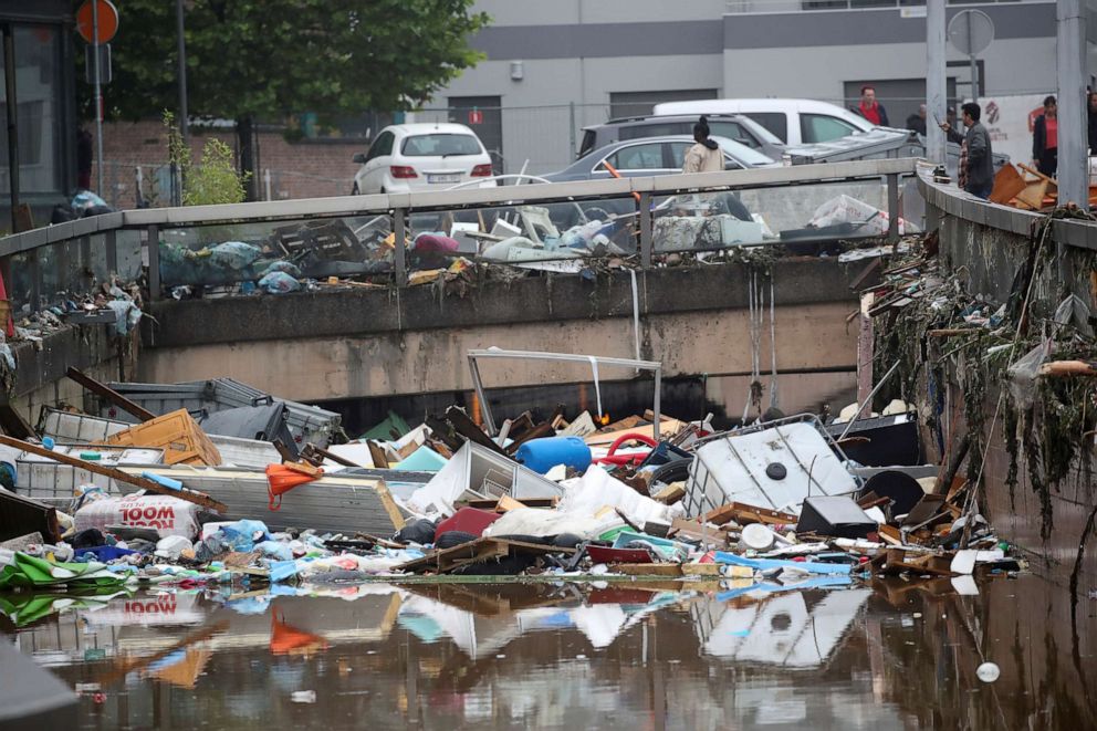 PHOTO: Wreckage lies on the river, following heavy rainfalls in Verviers, Belgium, July 16, 2021.