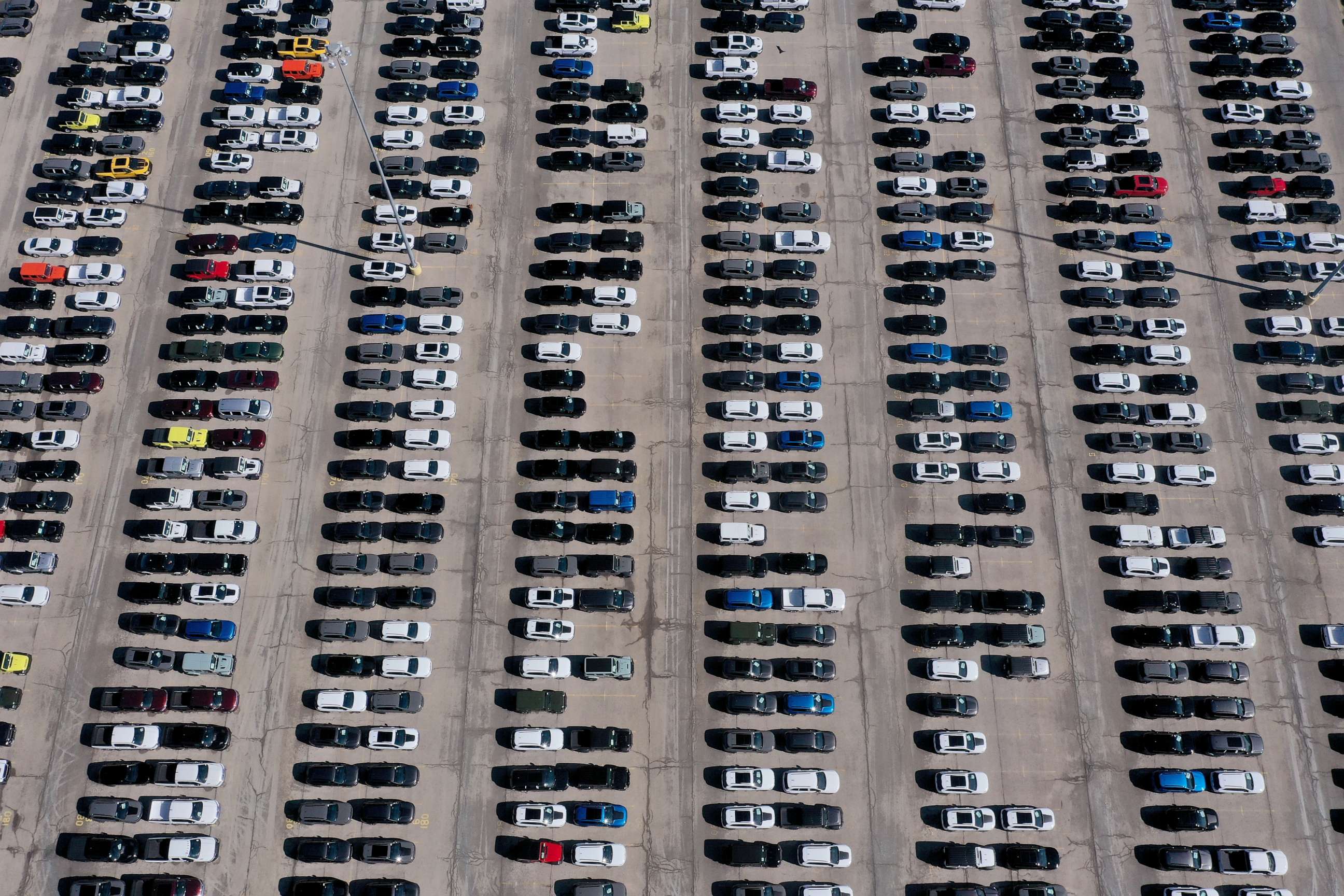 PHOTO: New cars sit on a lot at the Belvidere Assembly Plant before being shipped to dealerships on February 26, 2023 in Belvidere, Illinois.