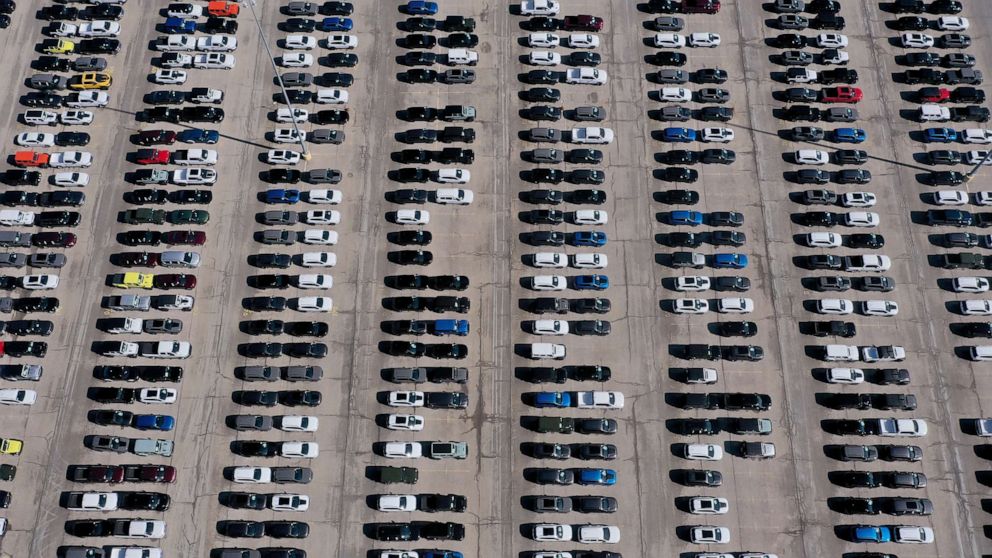 PHOTO: New cars sit on a lot at the Belvidere Assembly Plant before being shipped to dealerships on February 26, 2023 in Belvidere, Illinois.