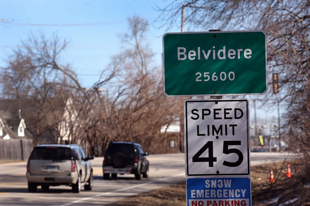 PHOTO: A sign displaying the population sits on the edge of town on Feb. 26, 2023 in Belvidere, Illinois.