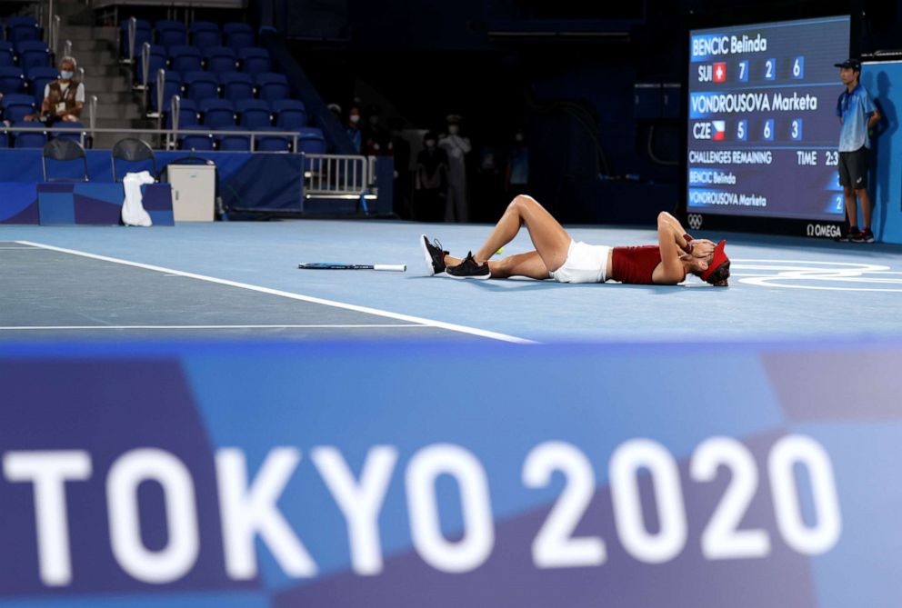 PHOTO: Belinda Bencic of Team Switzerland celebrates defeating Marketa Vondrousova of Team Czech Republic to win the gold medal after the Women's Singles Gold Medal match on day eight of the Tokyo 2020 Olympic Games on July 31, 2021 in Tokyo, Japan.