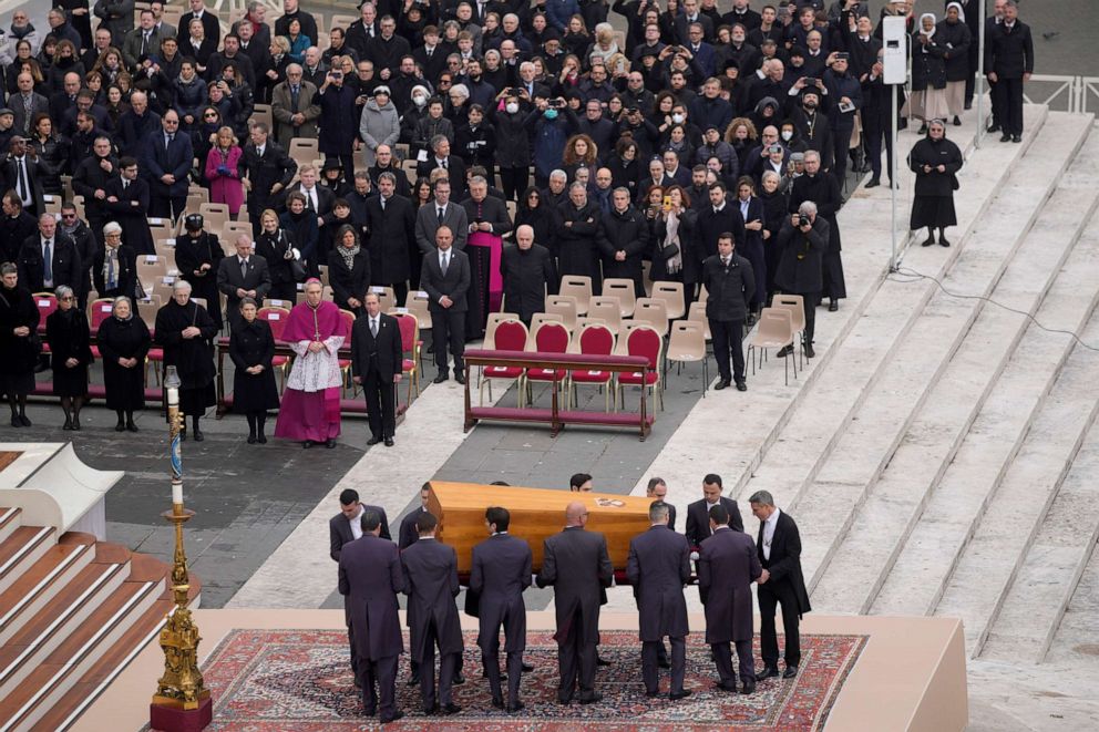 PHOTO: Pope Emeritus Benedict XVI's coffin is transported to Saint Peter's Square for a funeral mass in the Vatican, Thursday, January 5, 2023.