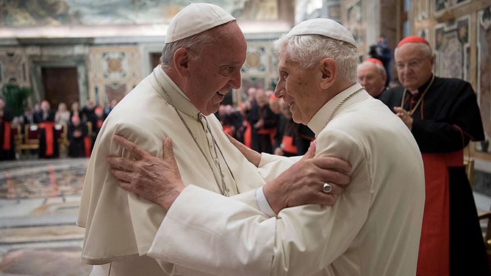 File photo: Former Pope Benedict (right) is greeted by Pope Francis at a ceremony marking the 65th anniversary of his ordination to the priesthood at the Vatican on June 28, 2016.