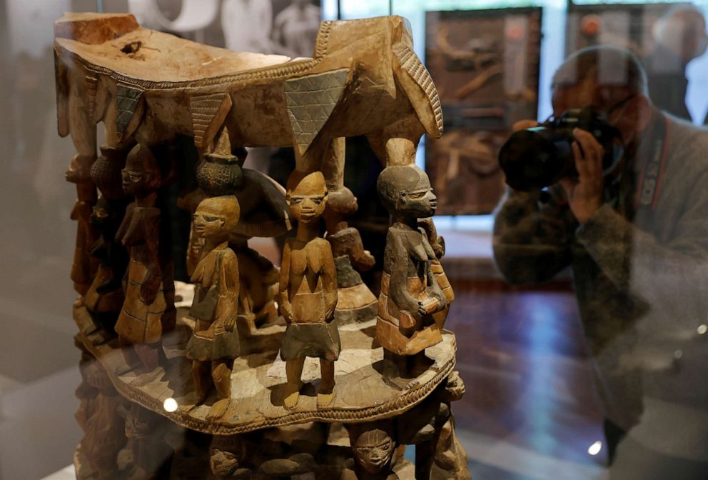 PHOTO: A Royal seat, Benin, Cana (18th-19th century) is displayed during the exhibition "Restitution of 26 works from the royal treasury in Abomey" at the Quai Branly museum in Paris, France, Oct. 26, 2021.