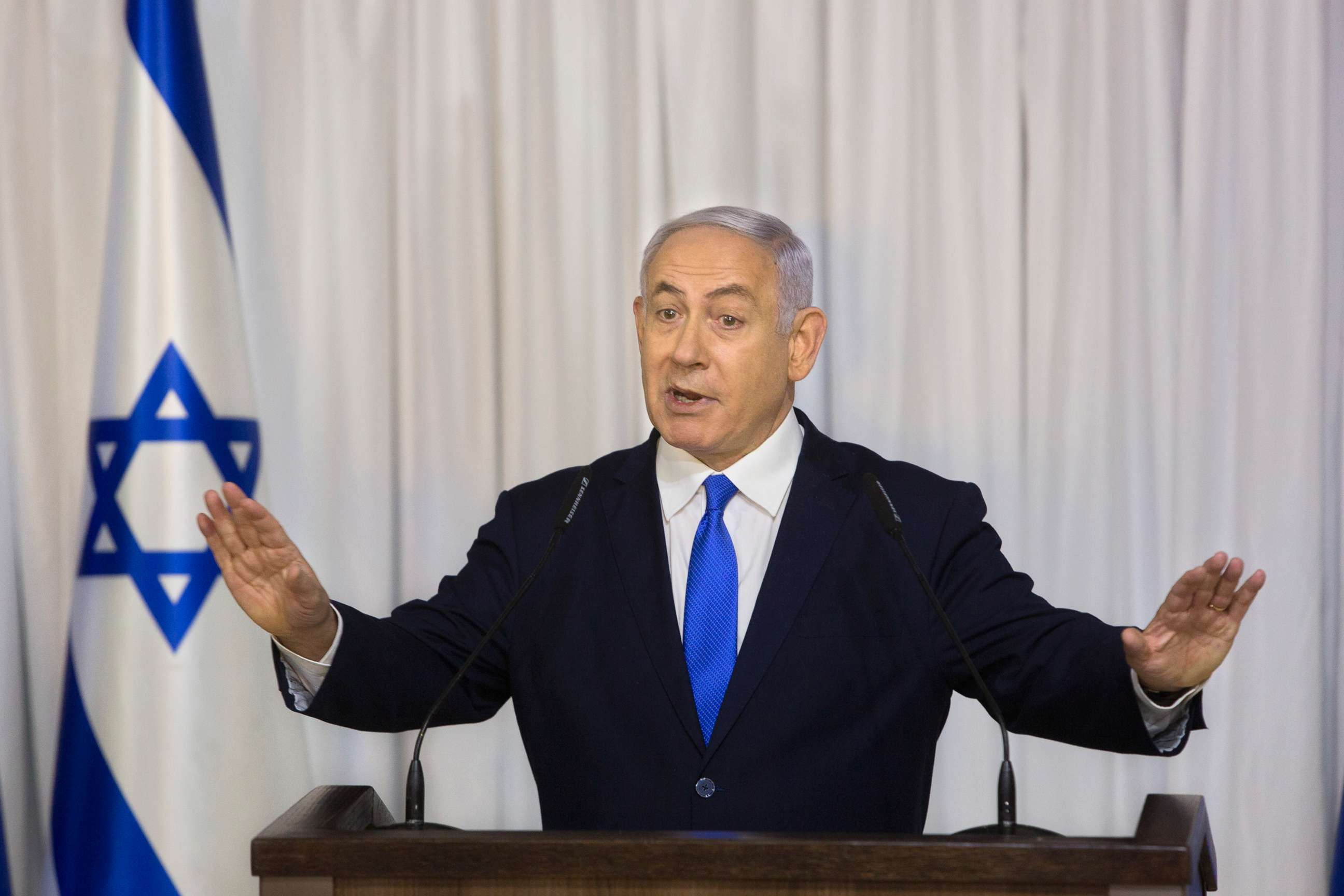 PHOTO: In this Feb. 21, 2019 file photo, Israeli Prime Minister Benjamin Netanyahu delivers a statement in Ramat Gan, Israel.