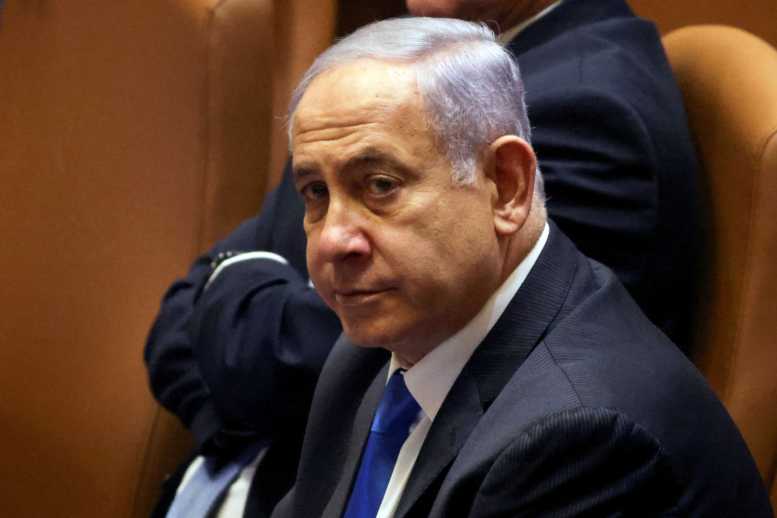 PHOTO: Israeli Prime Minister Benjamin Netanyahu looks on during a special session of the Knesset, Israel's parliament, in Jerusalem, June 13, 2021.