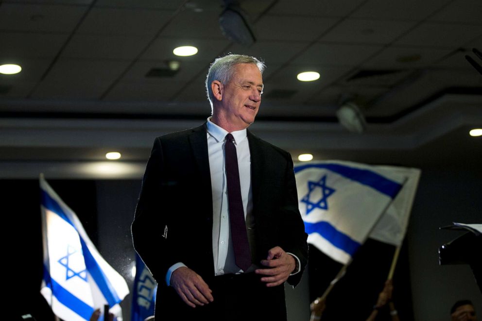 PHOTO: Retired Israeli general Benny Gantz, one of the leaders of the Blue and White party, prepares to deliver a speech during election campaigning for elections,  March 27, 2019, in Ramat Gan, Israel.