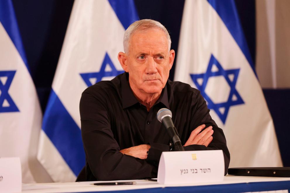 FILE PHOTO: Israeli War Cabinet Minister Benny Gantz attends a press conference at the Kirya military base in Tel Aviv, Israel, on Oct. 28, 2023.