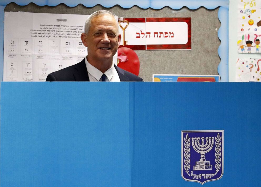 PHOTO: Retired Israeli general Benny Gantz casts his vote during Israel's parliamentary elections on April 9, 2019 in Rosh Haayin.