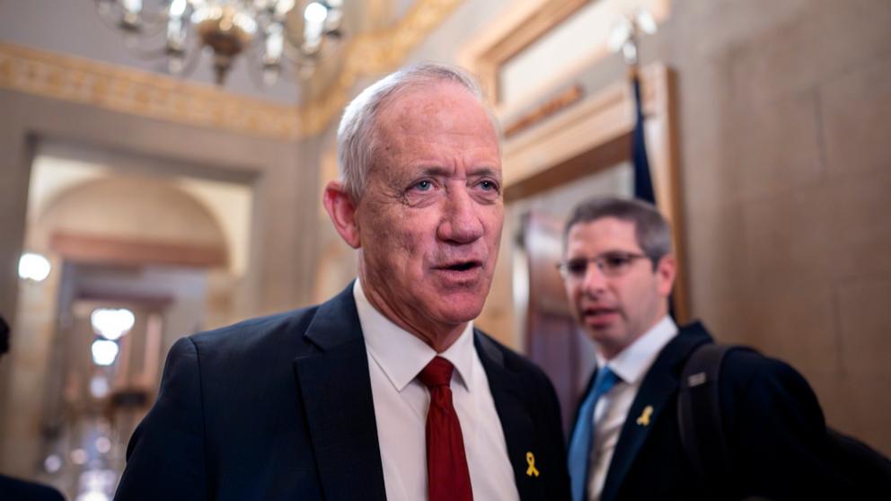 PHOTO: Benny Gantz, a former military chief and the top political rival of Israeli Prime Minister Benjamin Netanyahu, leaves a meeting at the Capitol in Washington, on March 4, 2024. 