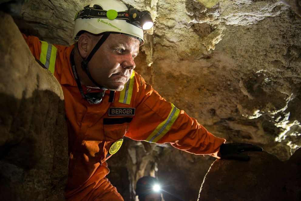 PHOTO: Paleoanthropologist and National Geographic Explorer in Residence Lee Berger had to lose 55 pounds to fit into the passage for the Rising Star cave system.