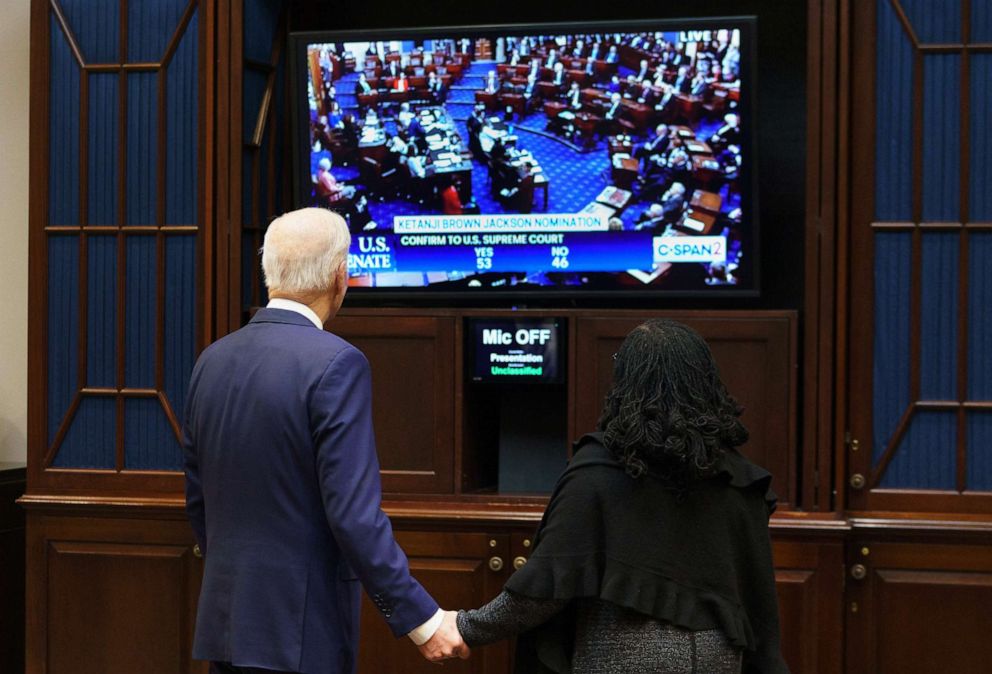 PHOTO: President Joe Biden and Judge Ketanji Brown Jackson watch the Senate vote on her nomination to associate justice on the US Supreme Court, from the Roosevelt Room of the White House in Washington, on April 7, 2022.