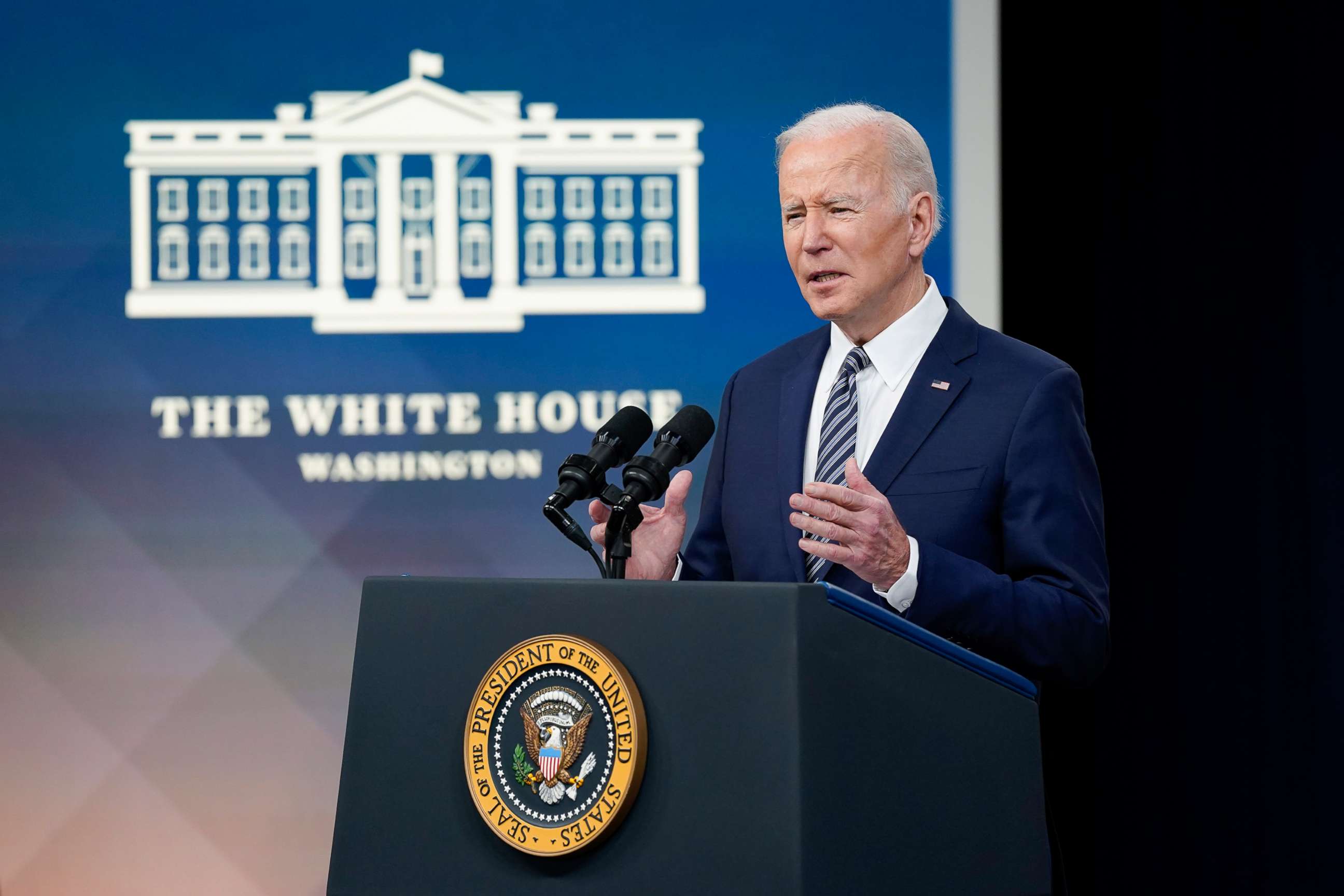 PHOTO: President Joe Biden speaks about his administration's plans to combat rising gas prices in the South Court Auditorium on the White House campus, on March 31, 2022, in Washington, D.C.