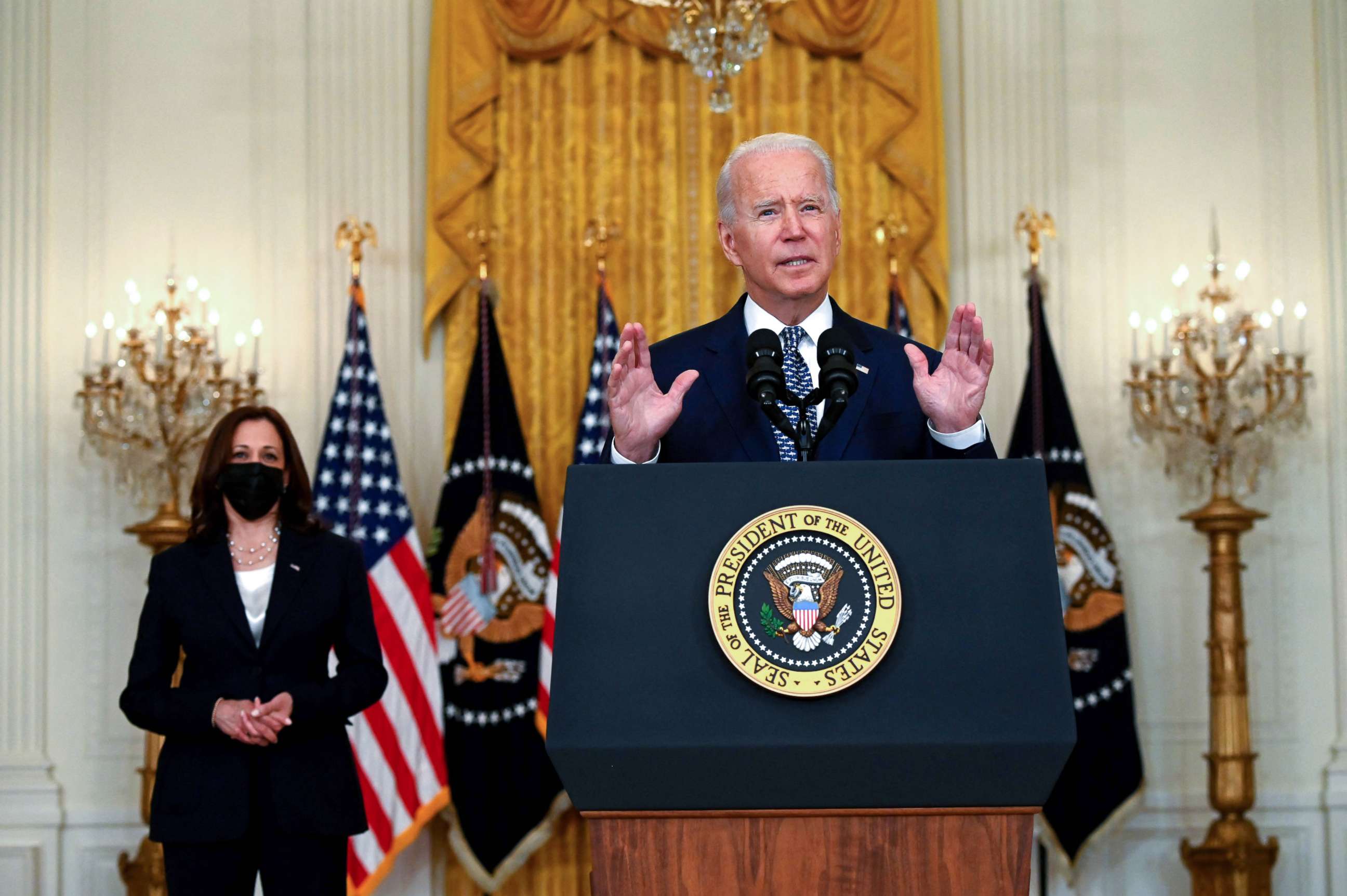 PHOTO: President Joe Biden speaks about the infrastructure bill passed by the Senate on August 10, 2021, in the East Room of the White House in Washington.