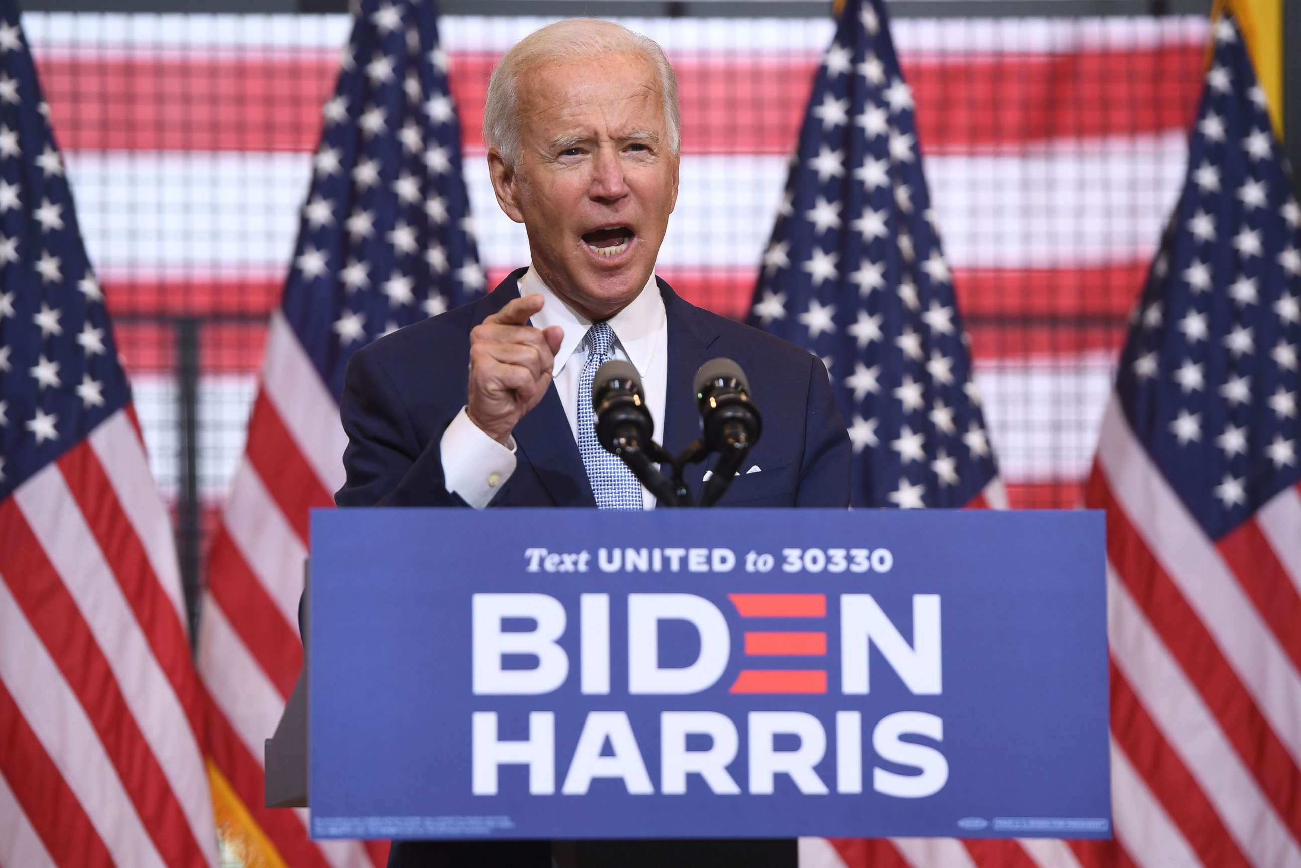 PHOTO: Democratic presidential nominee former US Vice President Joe Biden speaks during a campaign event at Mill 19 in Pittsburgh, Aug. 31, 2020.