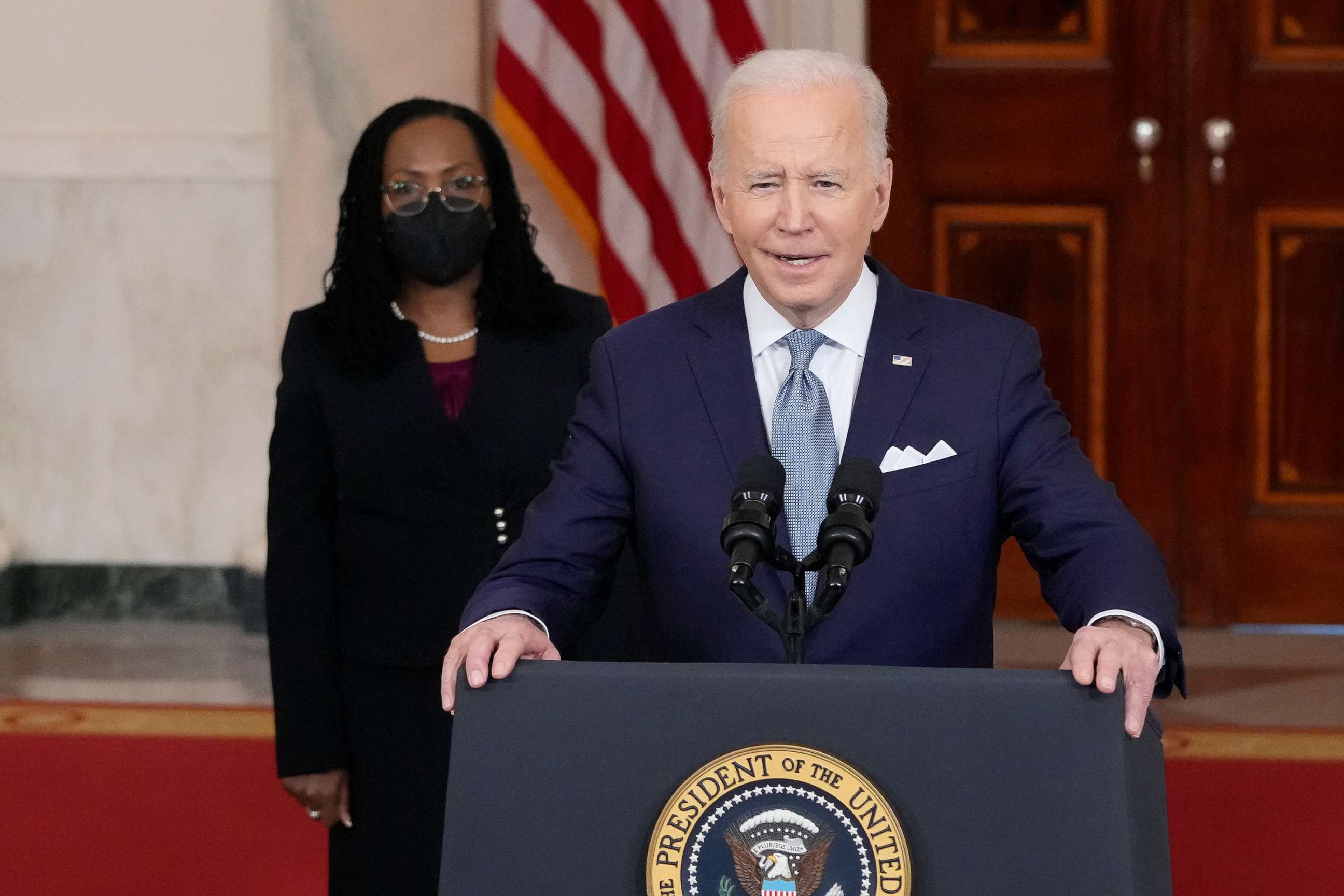PHOTO: President Joe Biden introduces Ketanji Brown Jackson, a circuit judge on the U.S. Court of Appeals for the District of Columbia Circuit, as his nominee to the U.S. Supreme Court during an event in the Cross Hall of the White House, Feb. 25, 2022.