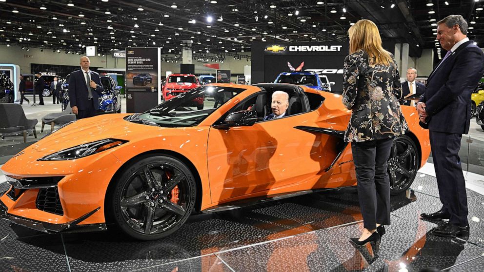 PHOTO: President Joe Biden sits in a Chevrolet Corvette Z06 as he tours the 2022 North American International Auto Show at Huntington Place Convention Center in Detroit, Sept. 14, 2022. 