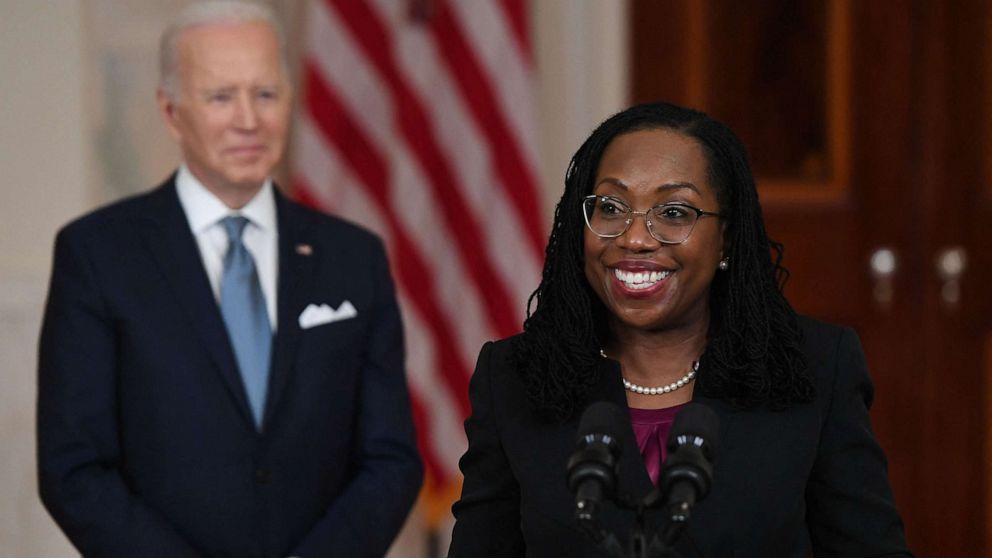 PHOTO: Judge Ketanji Brown Jackson, with President Joe Biden, speaks after she was nominated for Associate Justice of the Supreme Court, in the Cross Hall of the White House, Feb. 25, 2022.