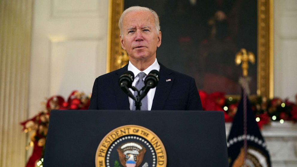 PHOTO: President Joe Biden speaks about the November Jobs Report, which stated the US added 210,00 jobs last month, from the State Dining Room of the White House in Washington, on Dec. 3, 2021.