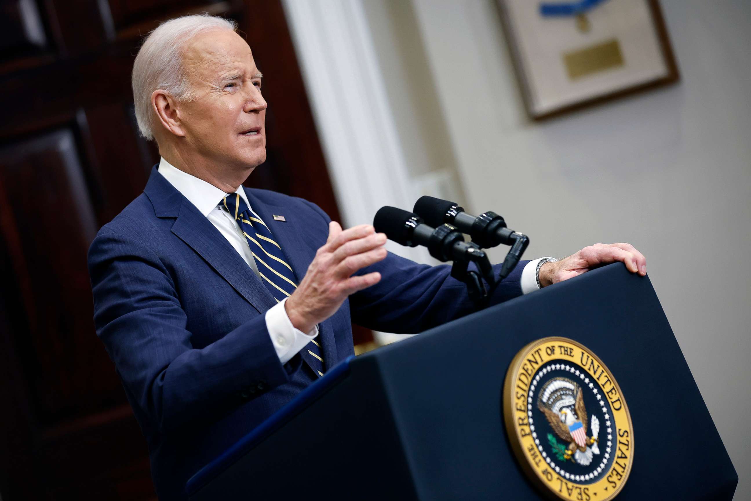 PHOTO:President Joe Biden announces new economic actions against Russia in the Roosevelt Room at the White House on March 11, 2022, in Washington.