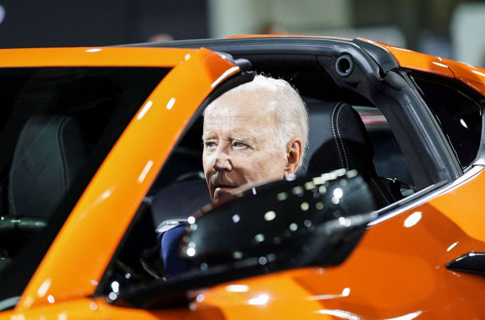 PHOTO: President Joe Biden sits in a Chevrolet Corvette Z06 during a visit to the Detroit Auto Show in Detroit, Sept. 14, 2022. 
