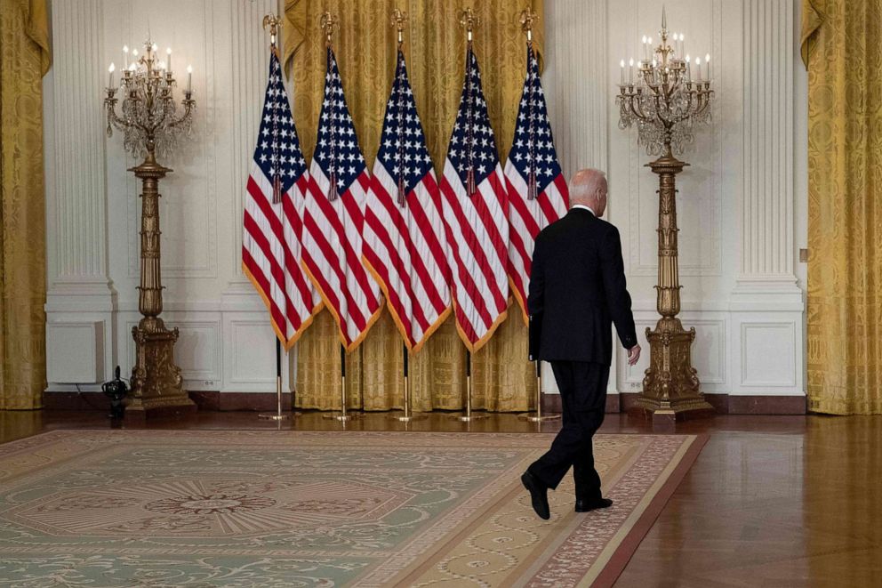 PHOTO: President Joe Biden leaves after speaking about the Taliban's takeover of Afghanistan from the East Room of the White House, Aug. 16, 2021, in Washington.