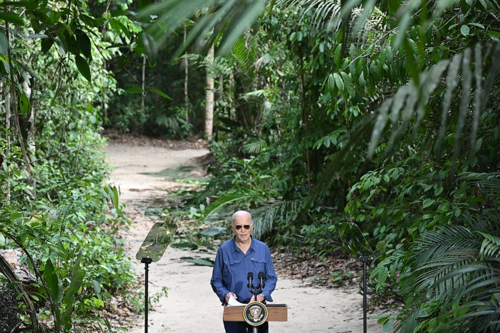 PHOTO: President Joe Biden speaks after signing a proclamation designating Nov. 17 as International Conservation Day during a tour of the Museu da Amazonia as he visits the Amazon Rainforest in Manaus, Brazil, on Nov. 17, 2024.