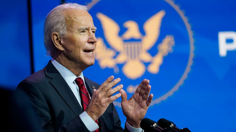PHOTO: President-elect Joe Biden speaks during an event at The Queen theater in Wilmington, Del., Dec. 8, 2020, to announce his health care team.
