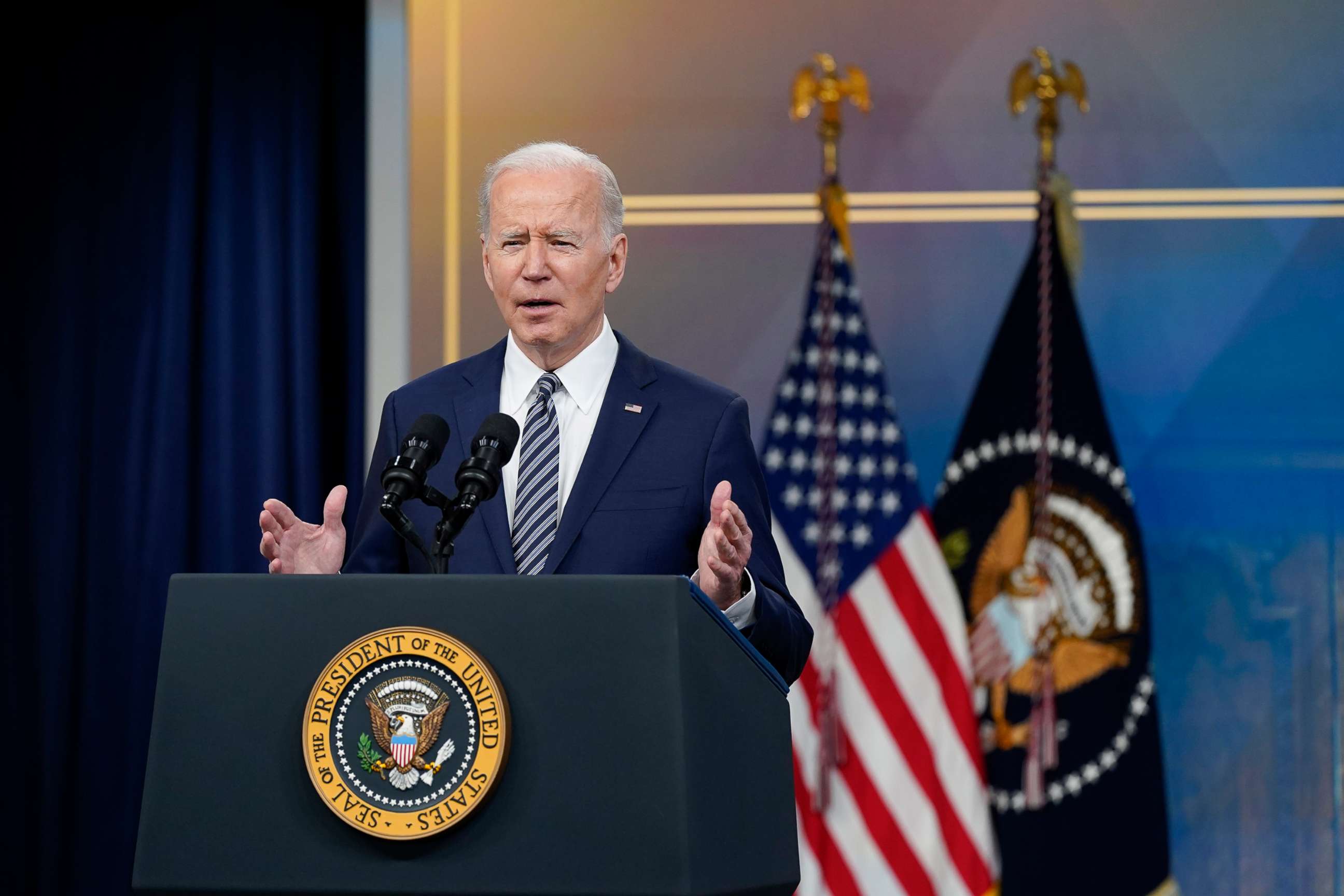 PHOTO: President Joe Biden speaks about his administration's plans to combat rising gas prices in the South Court Auditorium on the White House campus, on March 31, 2022, in Washington, D.C.