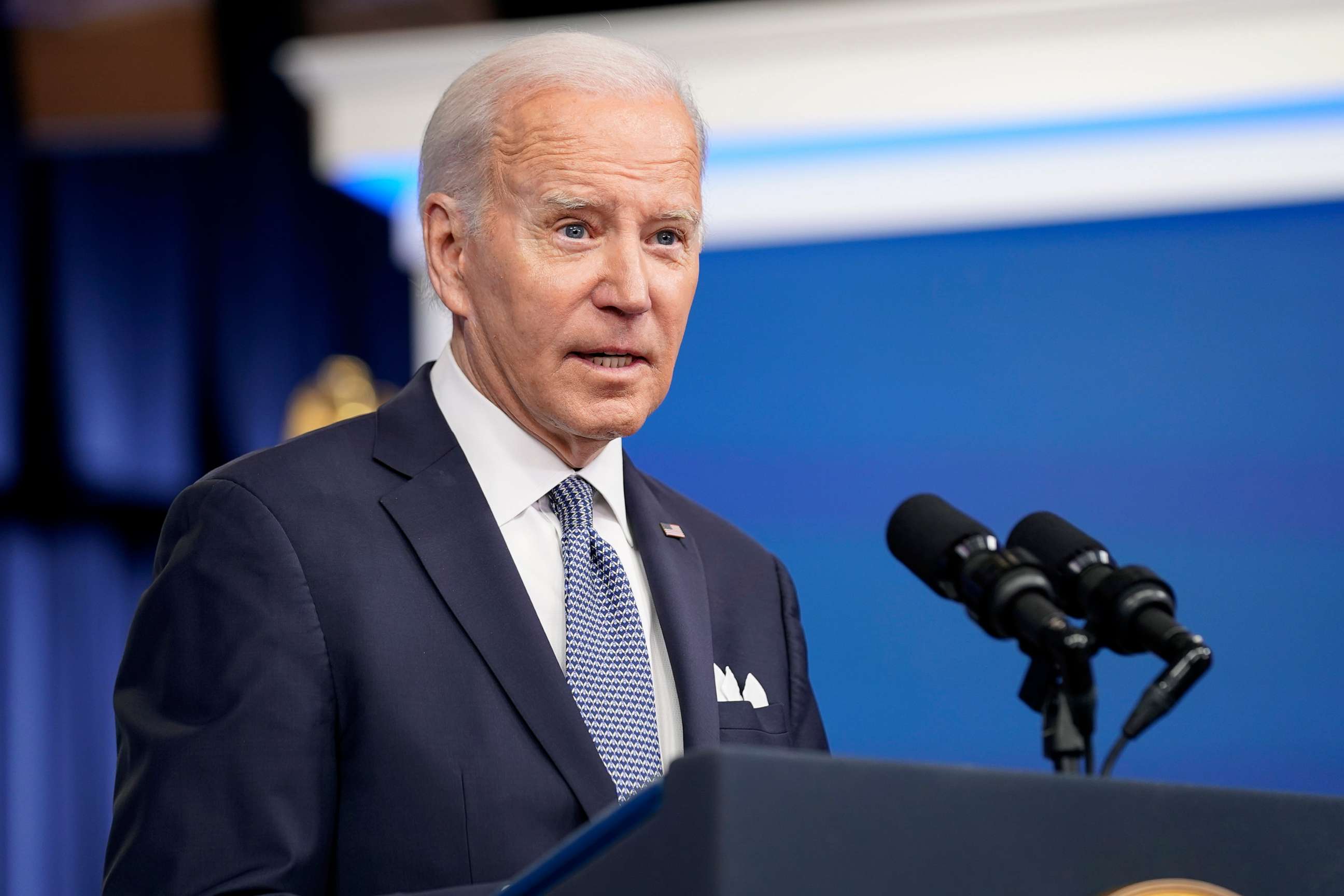 PHOTO: President Joe Biden responds to questions from reporters in the Eisenhower Executive Office Building on the White House Campus, in Washington, D.C., on Jan. 12, 2023.