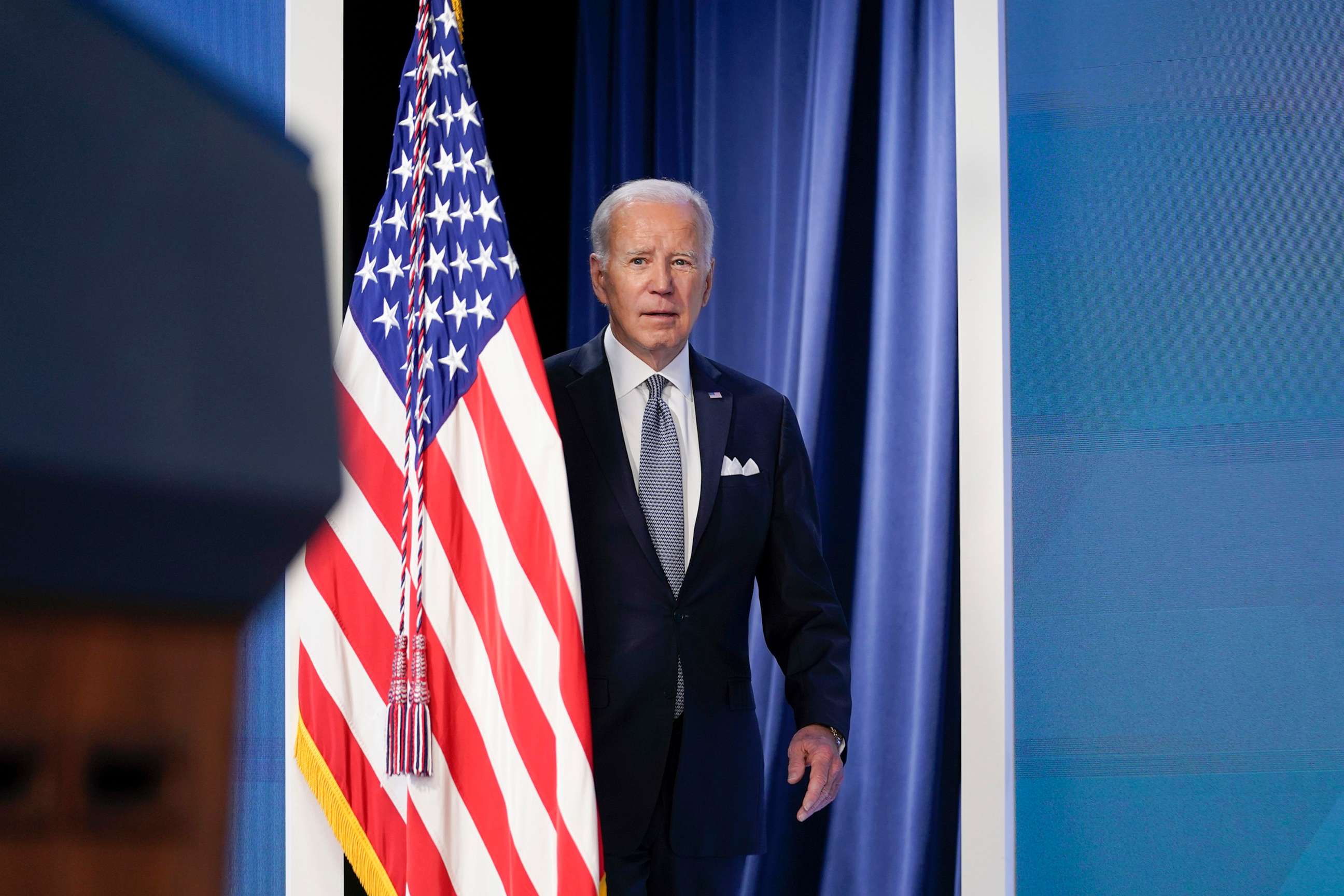 PHOTO: President Joe Biden arrives to speak about the economy in the Eisenhower Executive Office Building on the White House Campus, Jan. 12, 2023, in Washington.