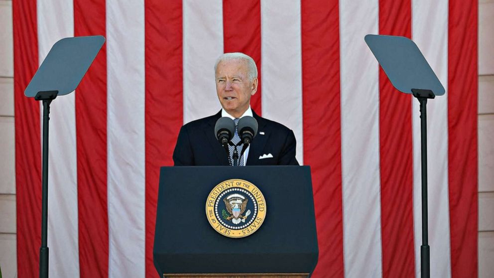 PHOTO: President Joe Biden delivers an address at the 153rd National Memorial Day Observance at  Arlington National Cemetery in Arlington, Va. on May 31, 2021.
