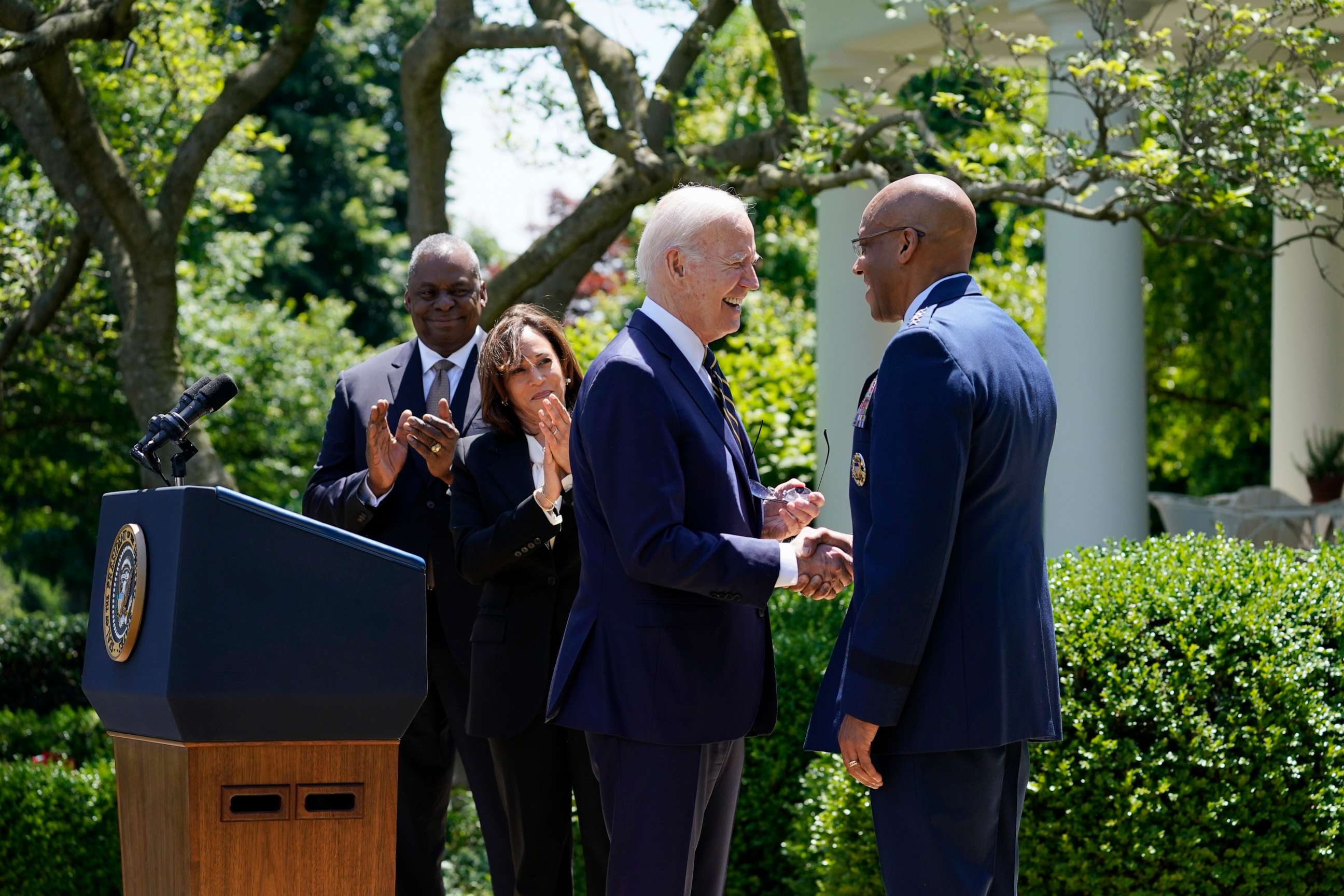 PHOTO: President Biden shakes hands with Air Force Chief of Staff Gen. Brown, Jr. after Biden announced his intent to nominate Brown to serve as the next Chairman of the Joint Chiefs of Staff in the Rose Garden of the White House, Washington, May 25, 2023