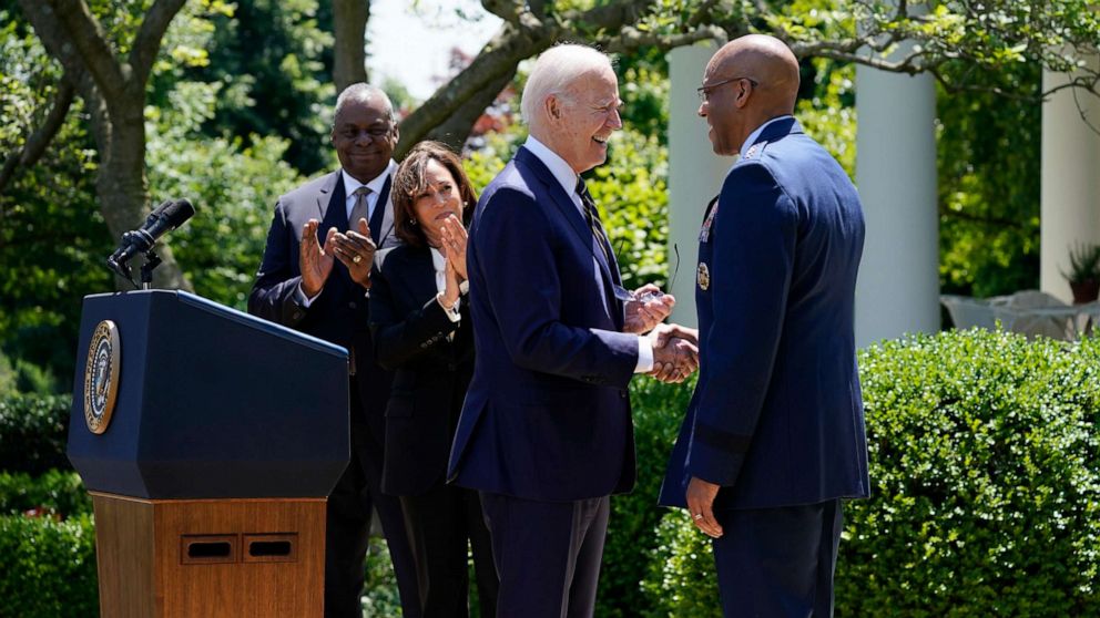 PHOTO: President Biden shakes hands with Air Force Chief of Staff Gen. Brown, Jr. after Biden announced his intent to nominate Brown to serve as the next Chairman of the Joint Chiefs of Staff in the Rose Garden of the White House, Washington, May 25, 2023