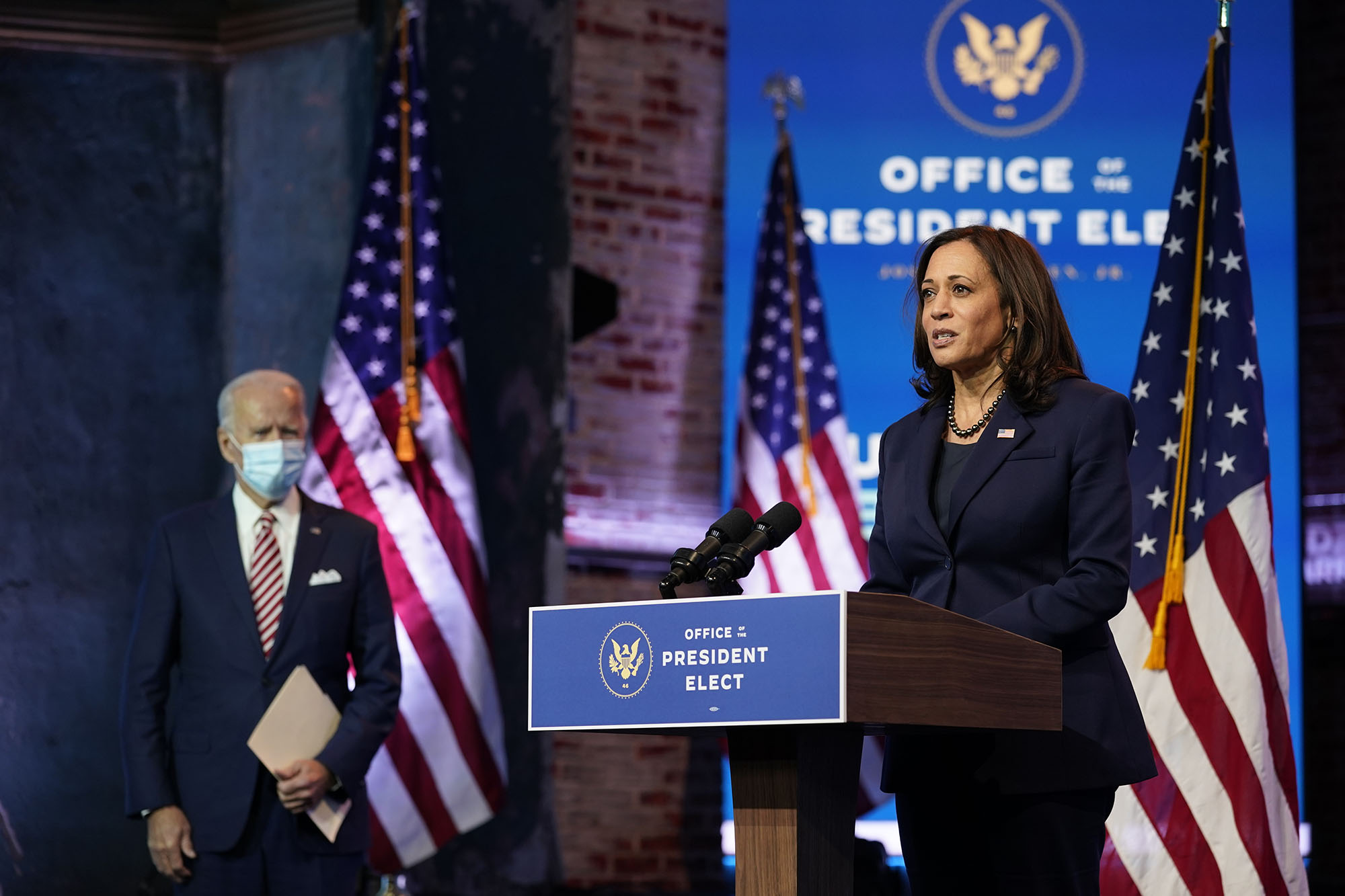 PHOTO: Vice President-elect Kamala Harris speaks about economic recovery at The Queen theater, in Wilmington, Del., Nov. 16, 2020.