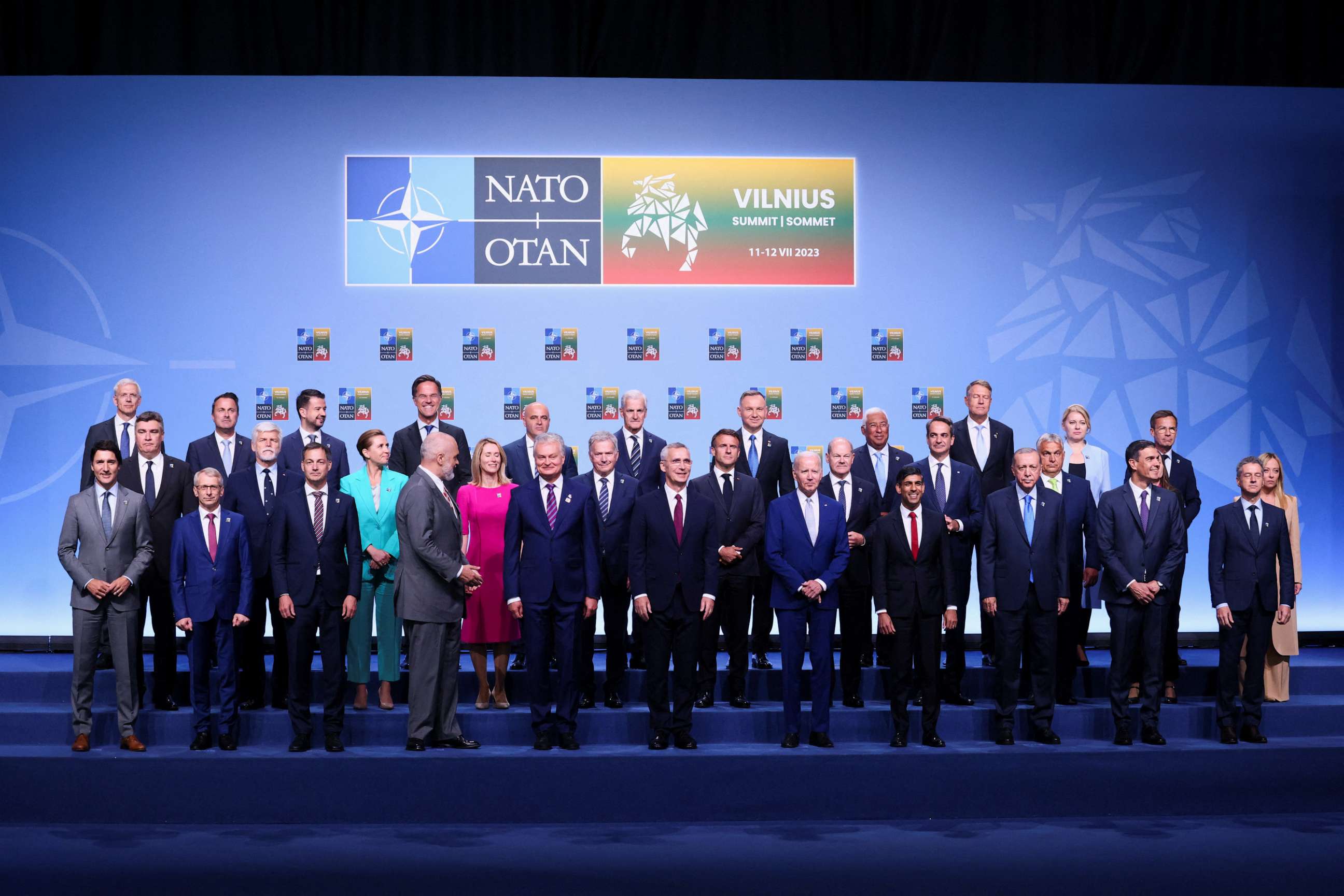 NATO Secretary-General Jens Stoltenberg, President Biden, Lithuanian President Nauseda, British Prime Minster Sunak, Canadian Prime Minister Trudeau, Turkish President Recep Erdogan and others ahead of a NATO leaders summit, in Lithuania July 11, 2023.